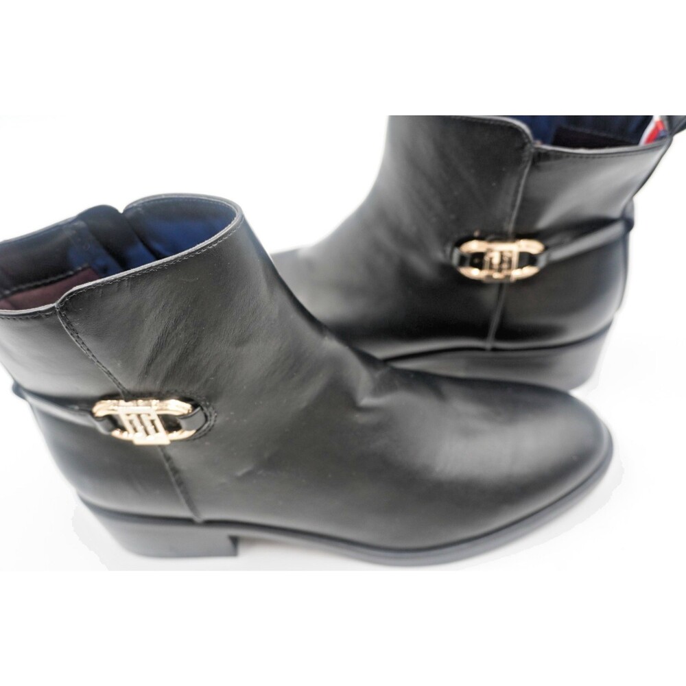 Tommy Hilfiger Women's Black Leather Ankle Gold Buckle Block Heel Booties Sz 11M